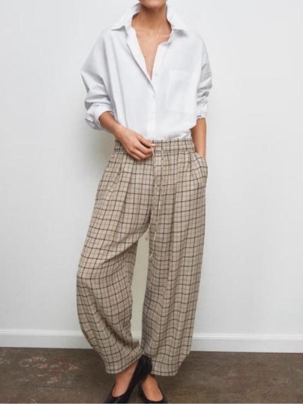 Zara Beige Plaid Wide-Leg High-Waist Pants